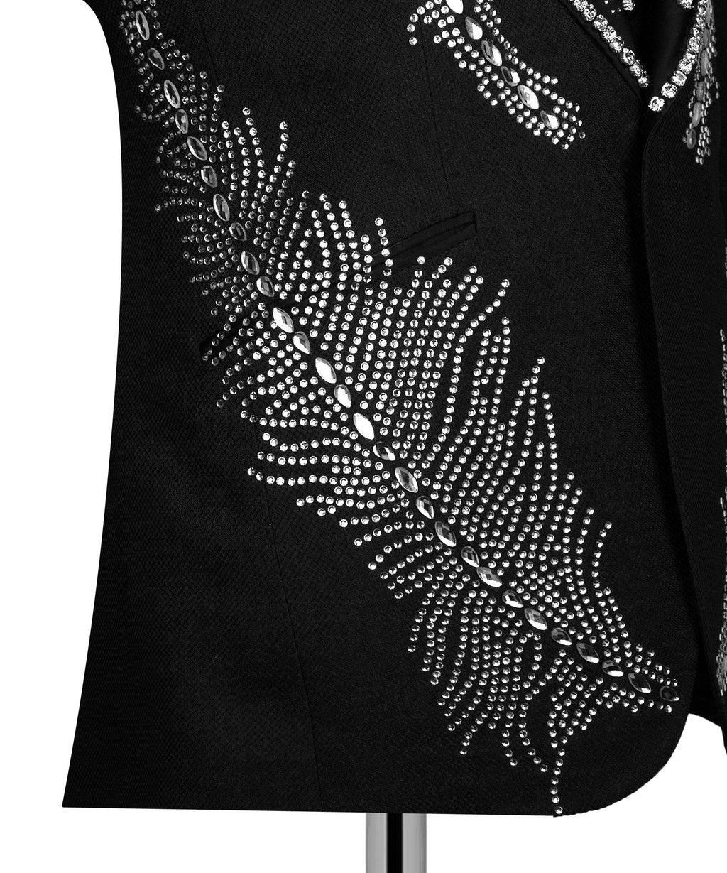 Black tuxedo jacket side panel with scattered silver rhinestone swirls and leaf shapes