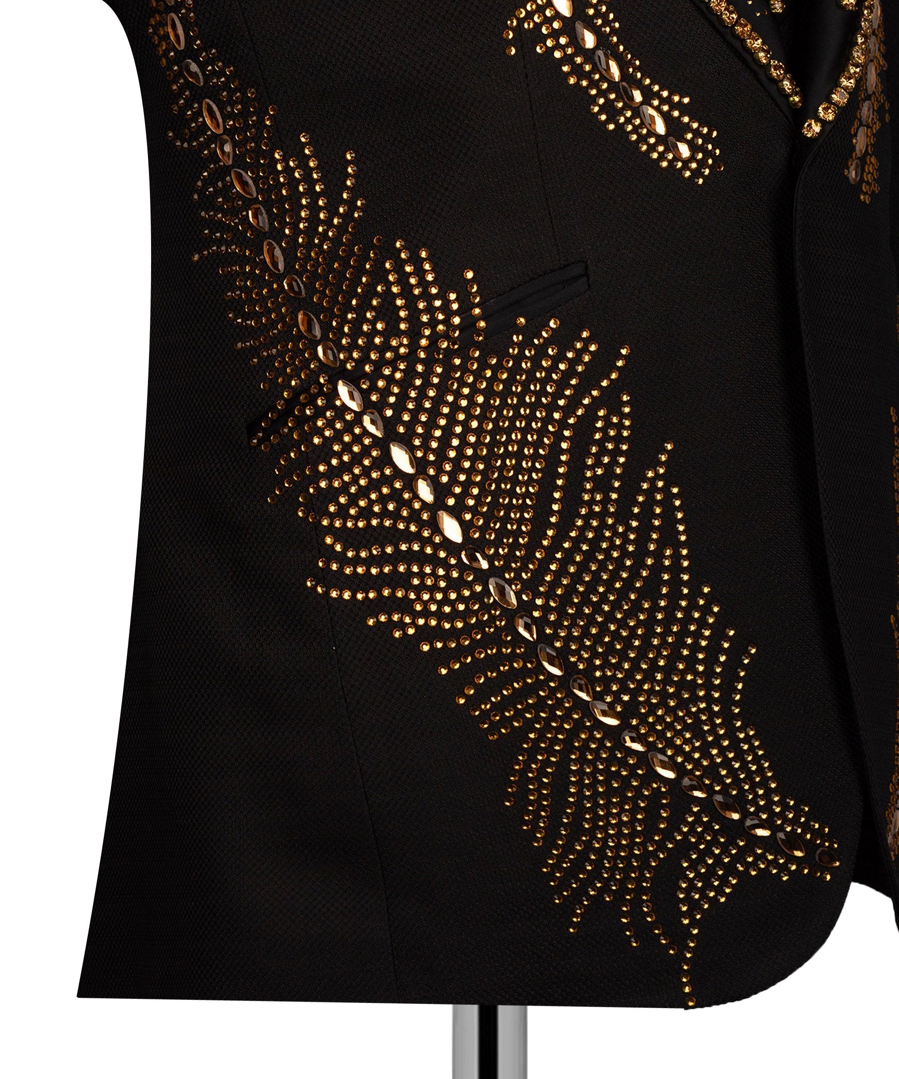 Black tuxedo jacket side panel with gold stone floral embroidery detail