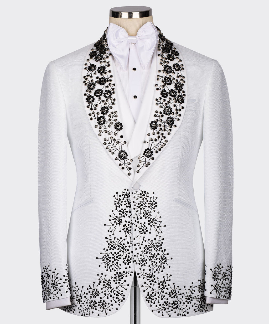 White tuxedo jacket with black gemstone embroidery on lapels and front