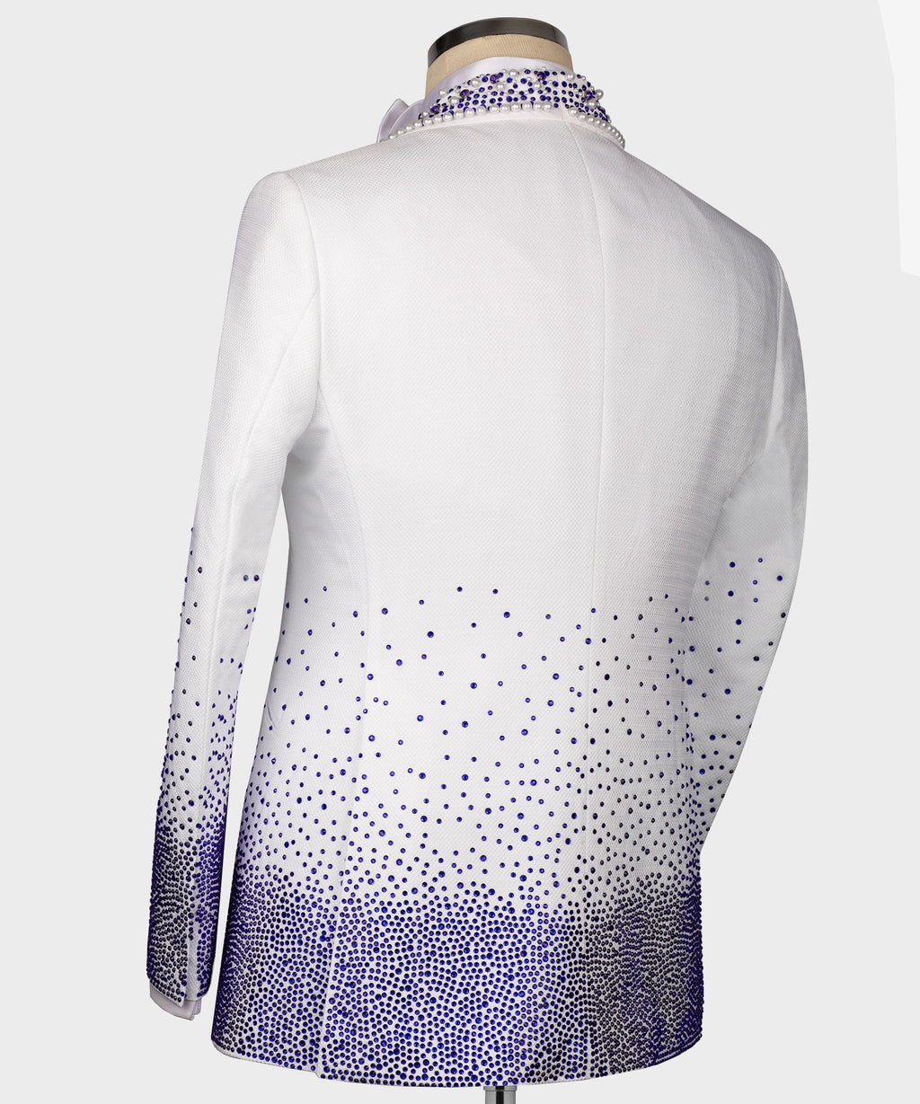 Back view white tuxedo jacket with scattered blue rhinestone pattern across hem