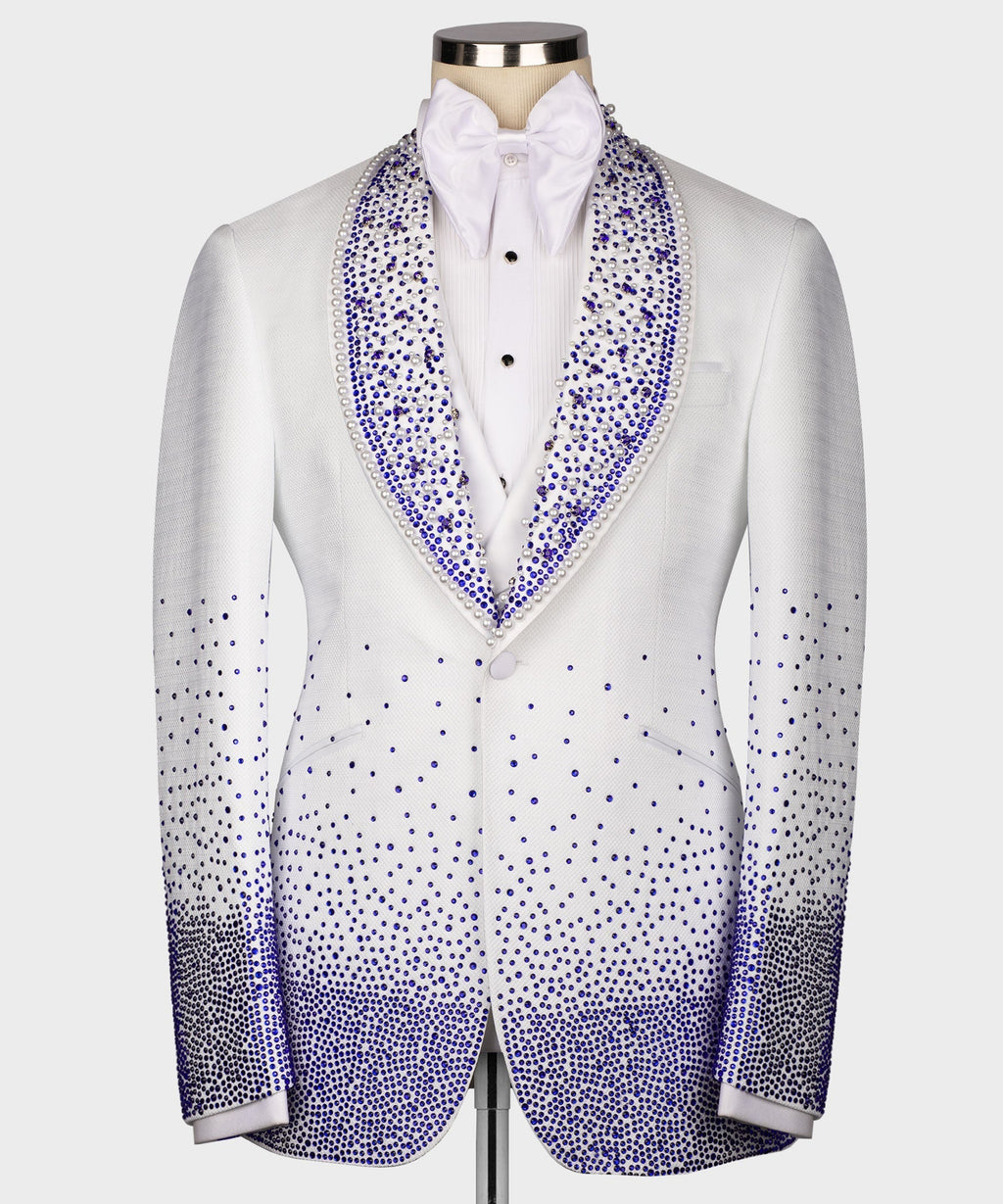 White tuxedo jacket with blue and silver rhinestone shawl lapels and bow tie