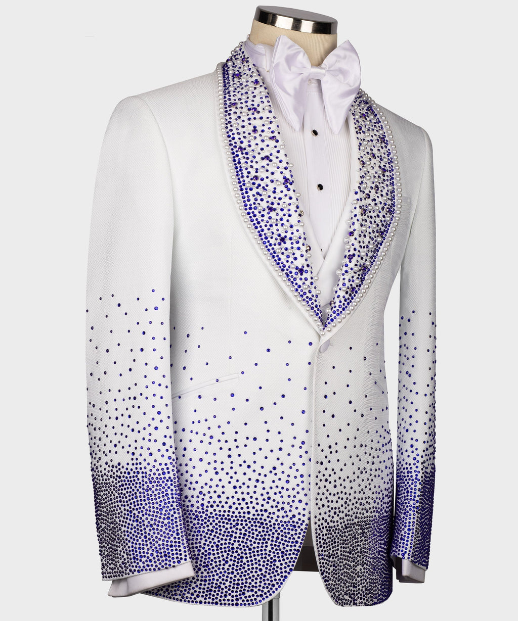 White tuxedo jacket with rhinestone-trimmed V-shaped lapels and matching cuffs