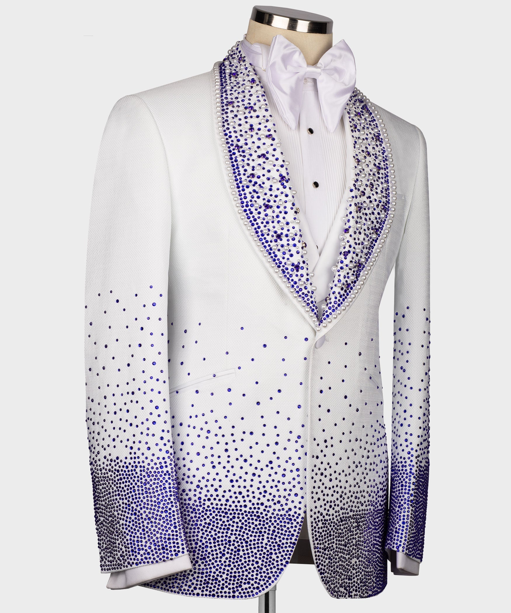 White tuxedo jacket with rhinestone-trimmed V-shaped lapels and matching cuffs