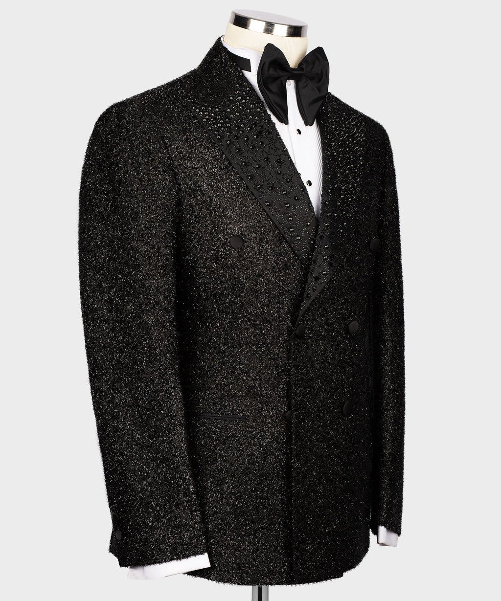 Black tuxedo jacket with bow tie and sparkling gemstone embroidery on the lapels