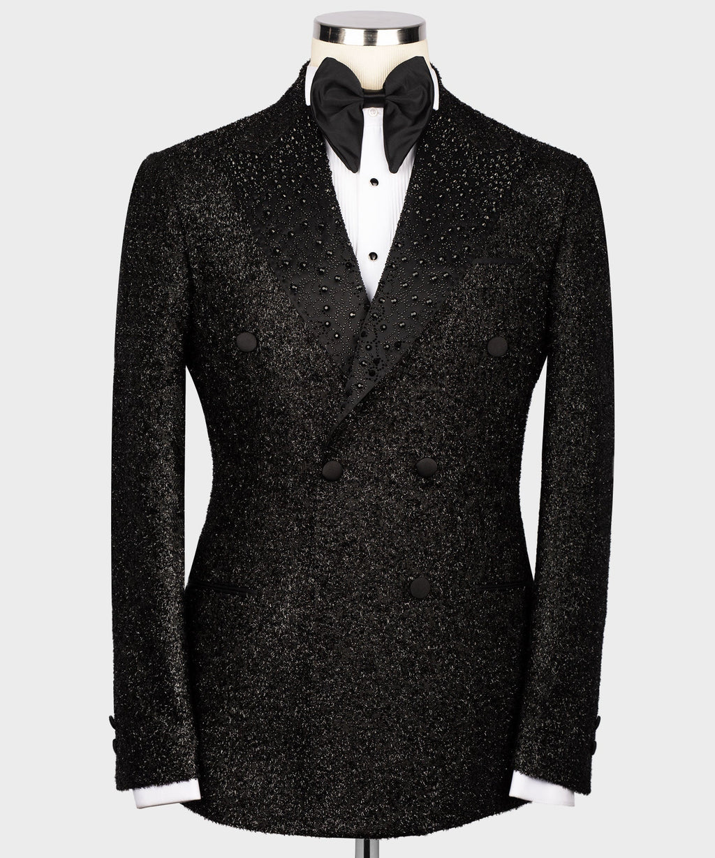 Black gemstone-embroidered tuxedo jacket with satin lapels and double-breasted buttons