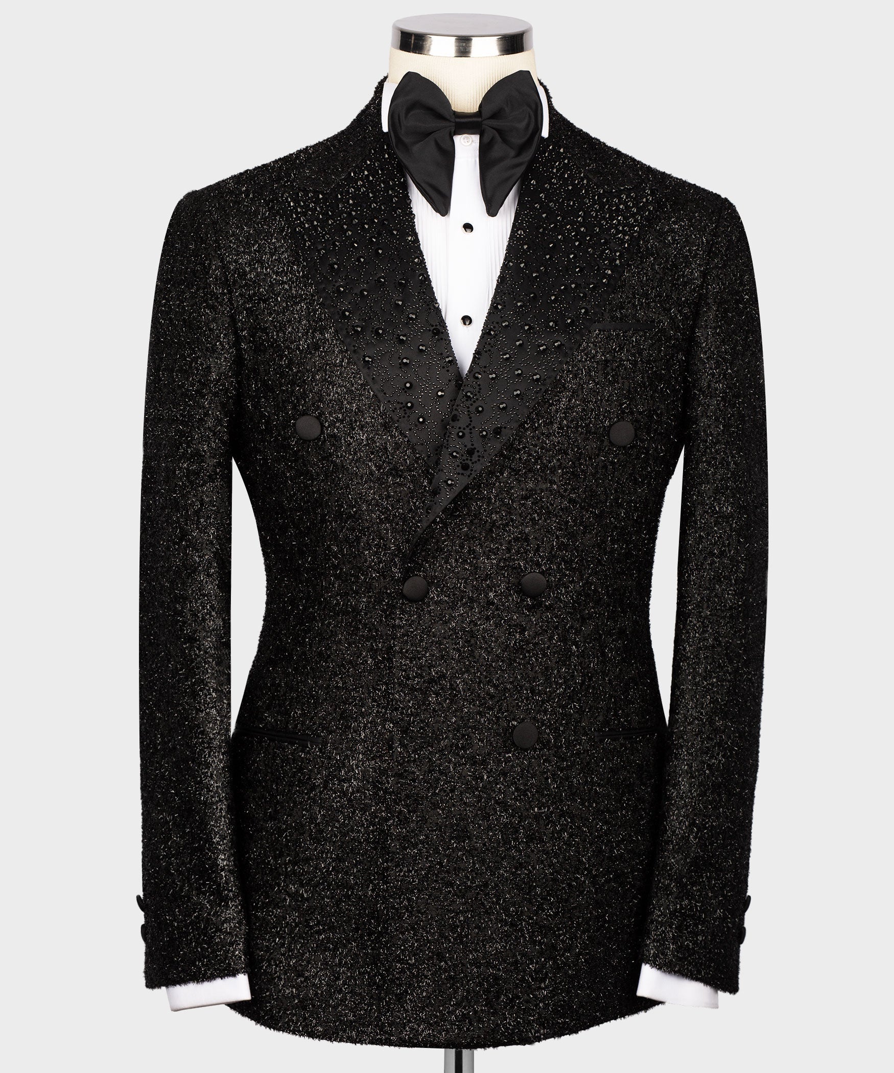 Black gemstone-embroidered tuxedo jacket with satin lapels and double-breasted buttons