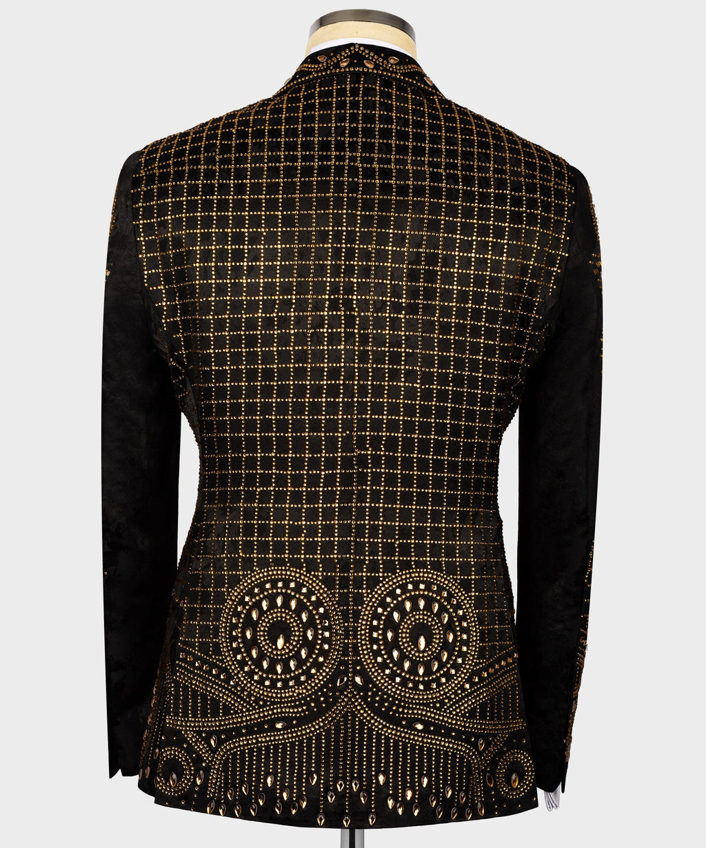 Black tuxedo jacket back with gold grid and circular embroidered motifs