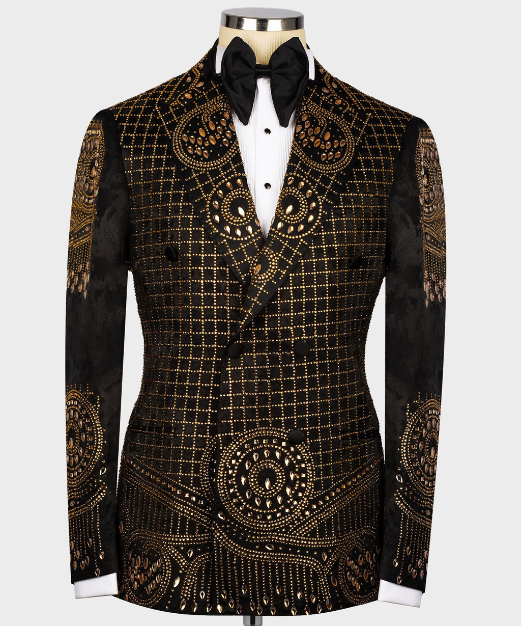 Black tuxedo jacket with gold embroidery, bow tie, and white dress shirt