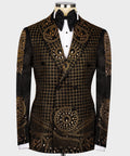 Black tuxedo jacket with gold embroidery, bow tie, and white dress shirt