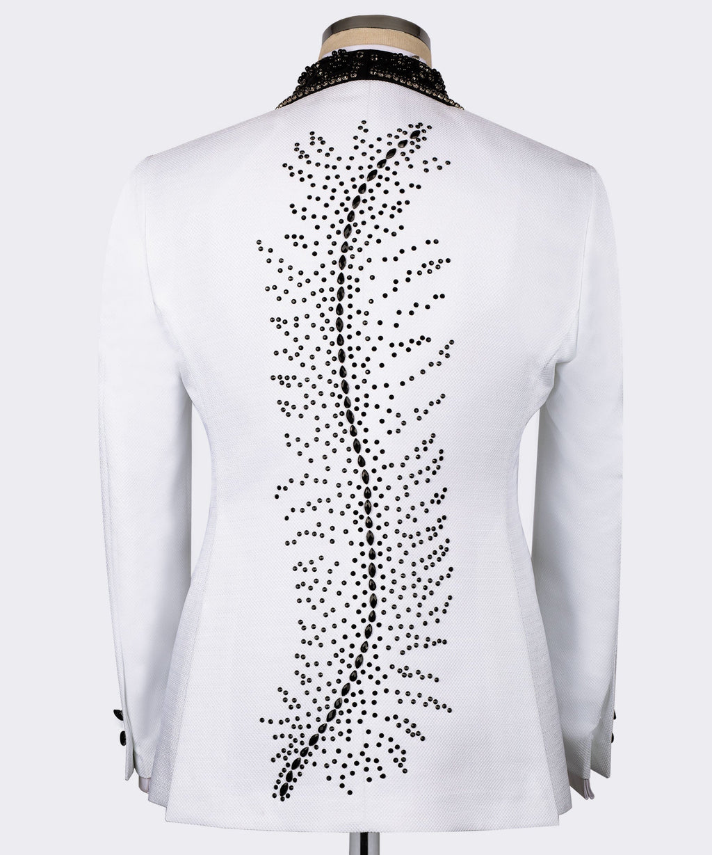 White tuxedo jacket back with dense black dot stone embroidery feather motif