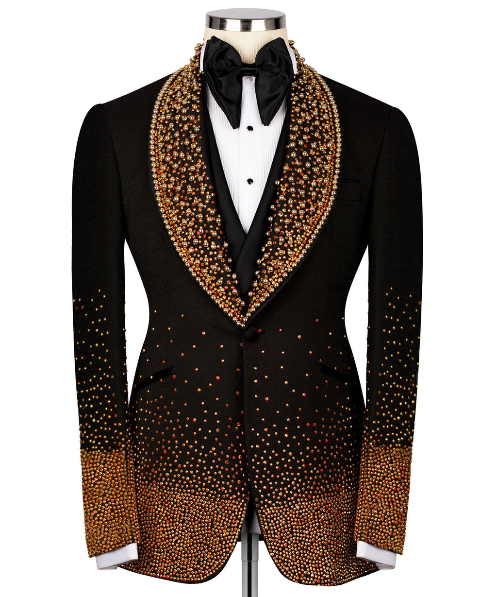 Black tuxedo jacket with gold stone-embellished lapels, bow tie, three-piece set