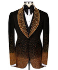 Black tuxedo jacket with gold stone-embellished lapels, bow tie, three-piece set