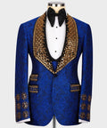 Blue silk tuxedo jacket, black lapels, gold gem trim, satin bow tie