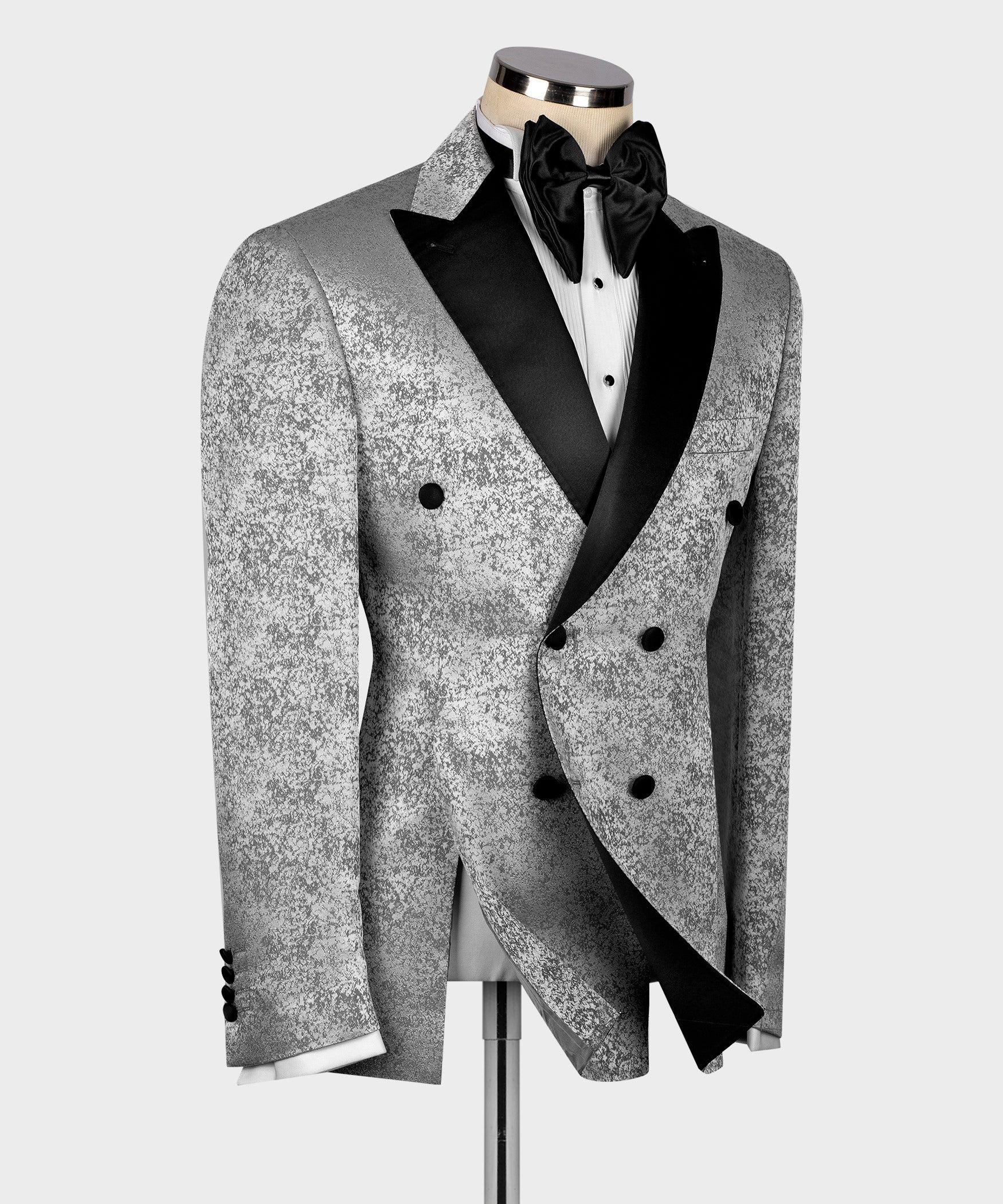 Gray speckled tuxedo jacket with black satin lapels and double-breasted buttons