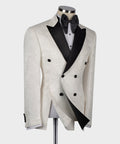 White textured tuxedo jacket with black satin lapels and bow tie; button front.