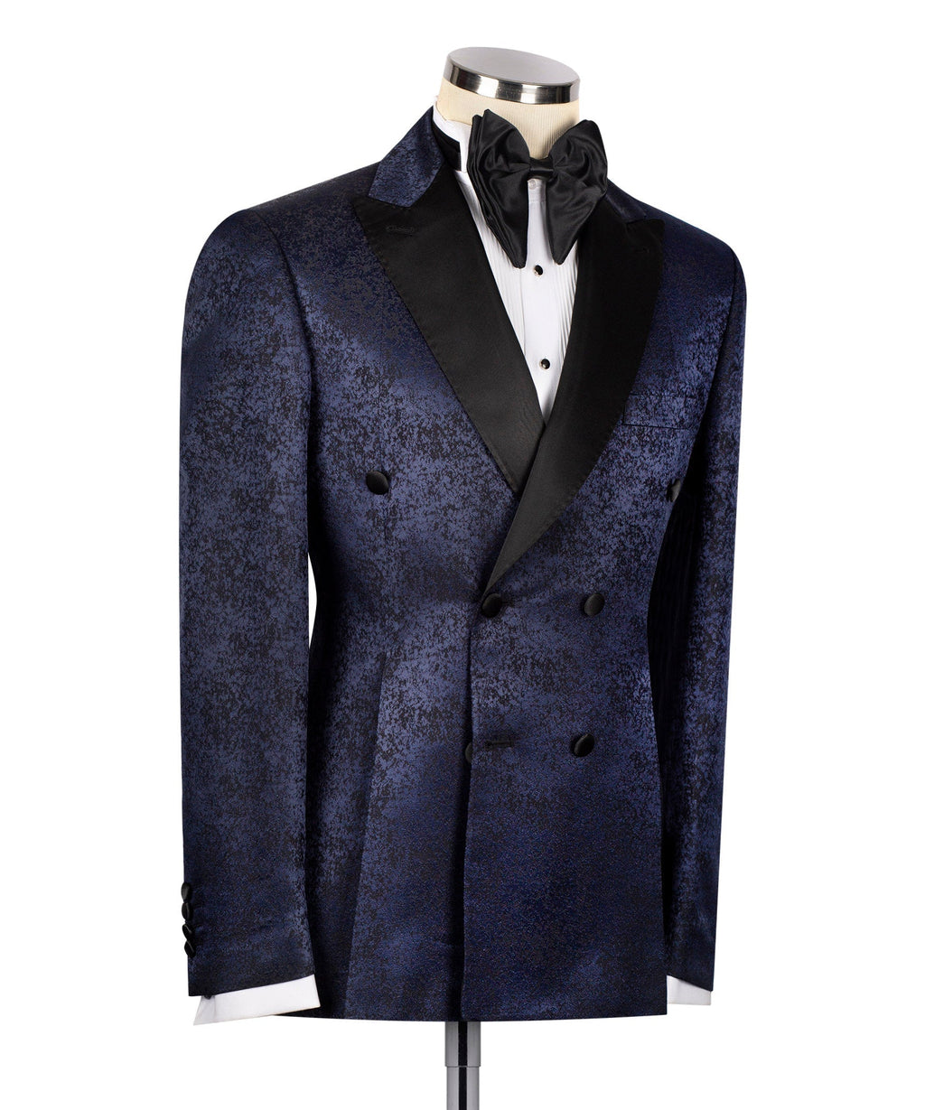 Navy patterned tuxedo blazer with black satin lapels and bow tie, front view