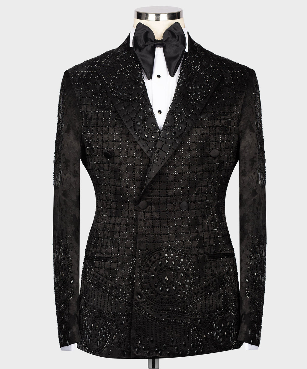 Black embroidered tuxedo jacket with satin bow tie and white shirt front