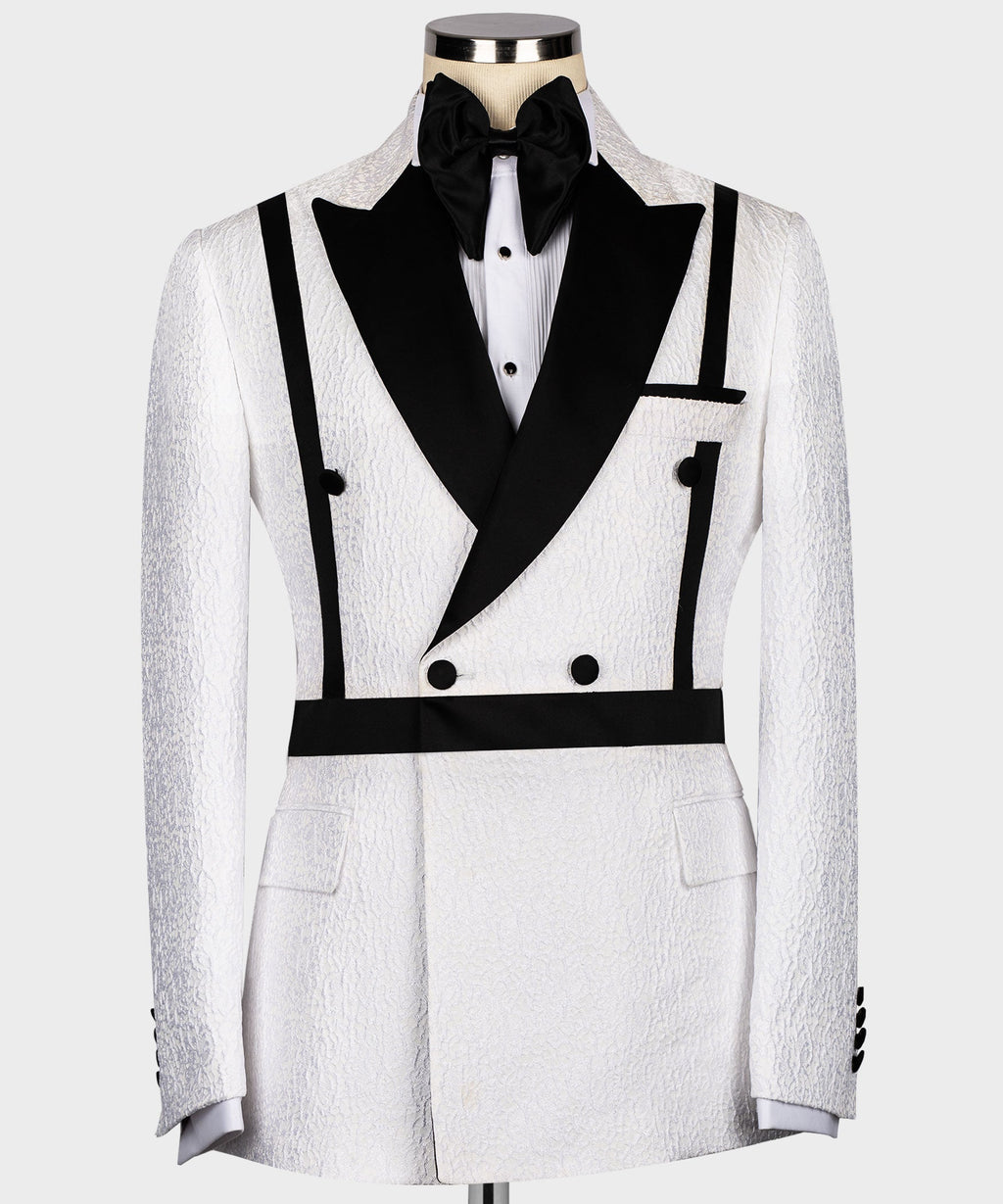 Black-and-white double-breasted tuxedo jacket with satin shawl lapels and self-belt
