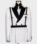 Black-and-white double-breasted tuxedo jacket with satin shawl lapels and self-belt