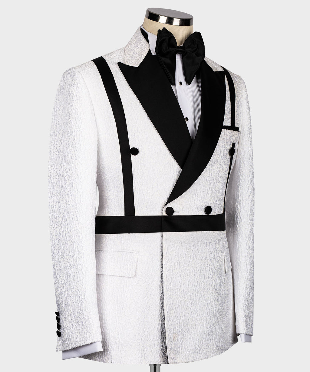 Double-breasted black-and-white tuxedo jacket with satin lapels, bow tie and waistcoat