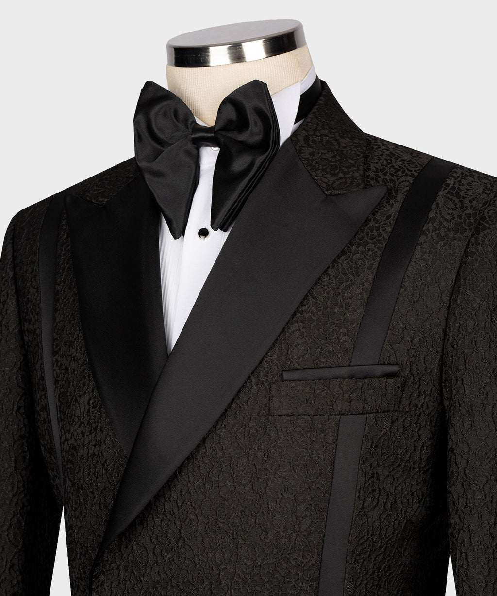 Black tuxedo bow tie and satin shawl lapels with double-breasted front
