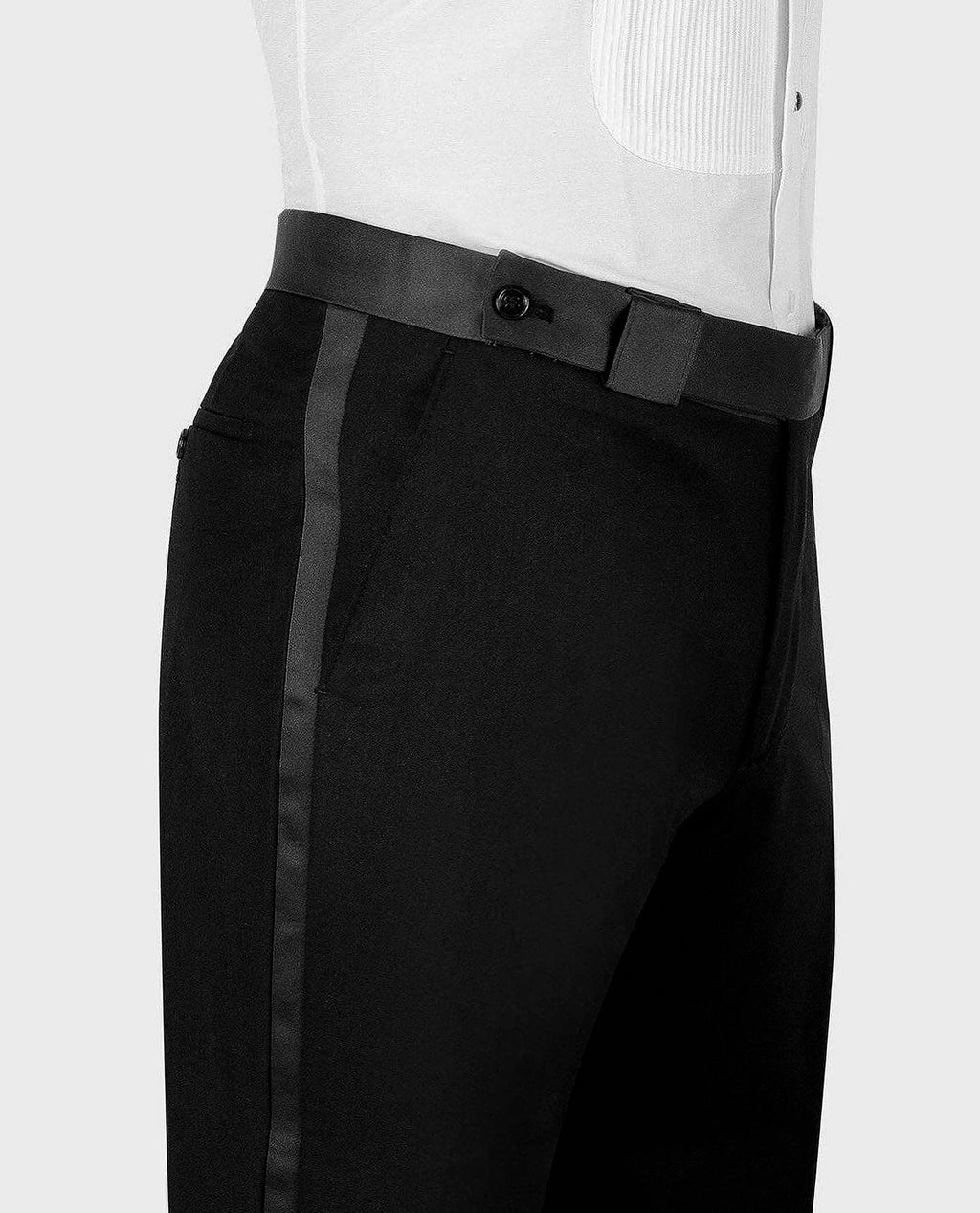 Black tuxedo trousers with belt loops and adjustable waistband