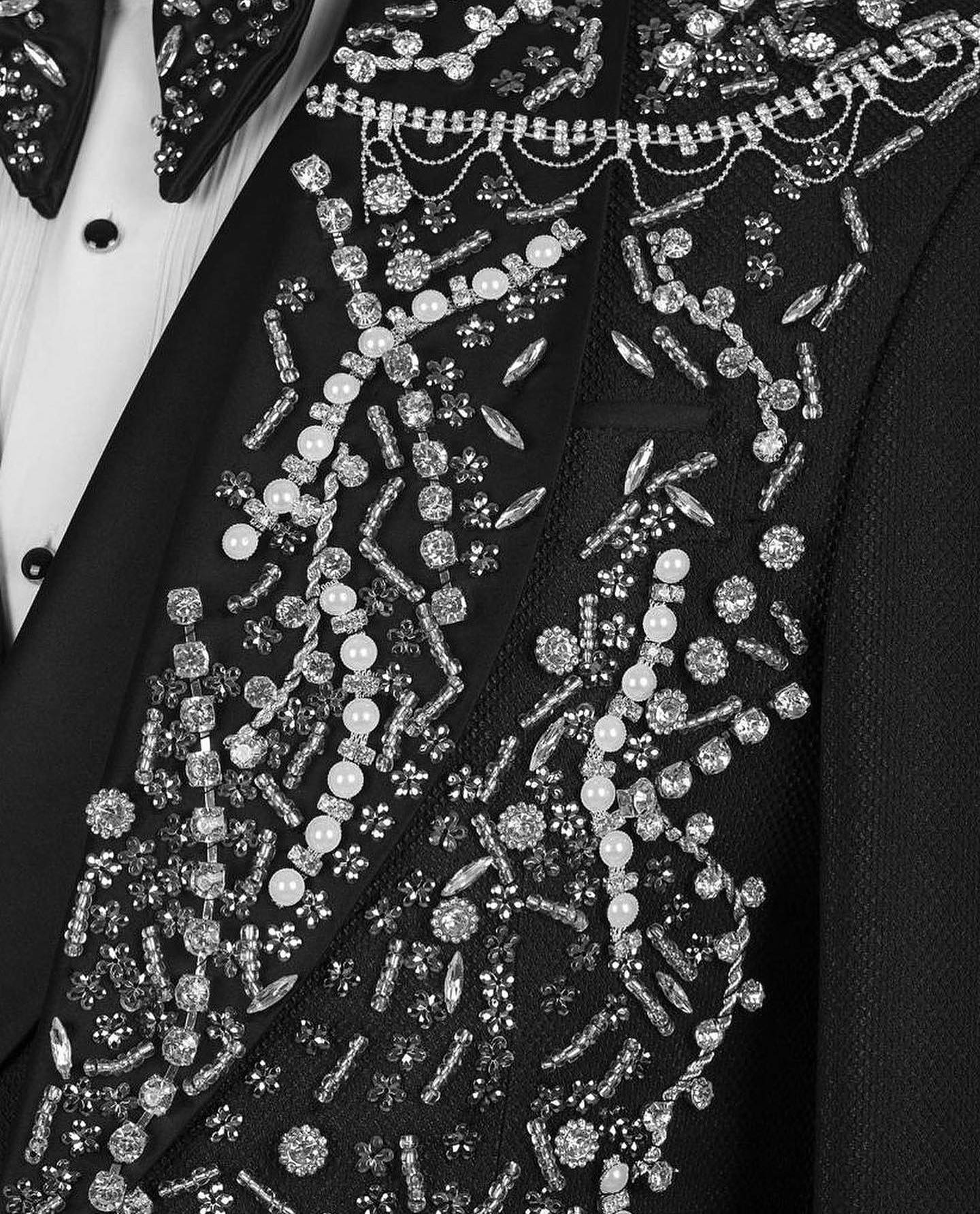 Jeweled black vest panel with pearl and rhinestone bead embroidery