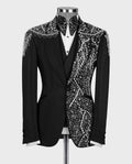Black tuxedo jacket with crystal-like beaded embroidery and bow-tie neck detail