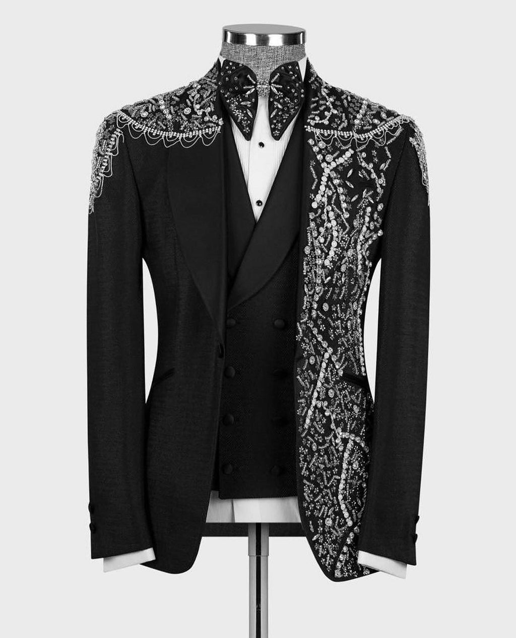Black double-breasted tuxedo vest with silver crystal embroidery on matching jacket