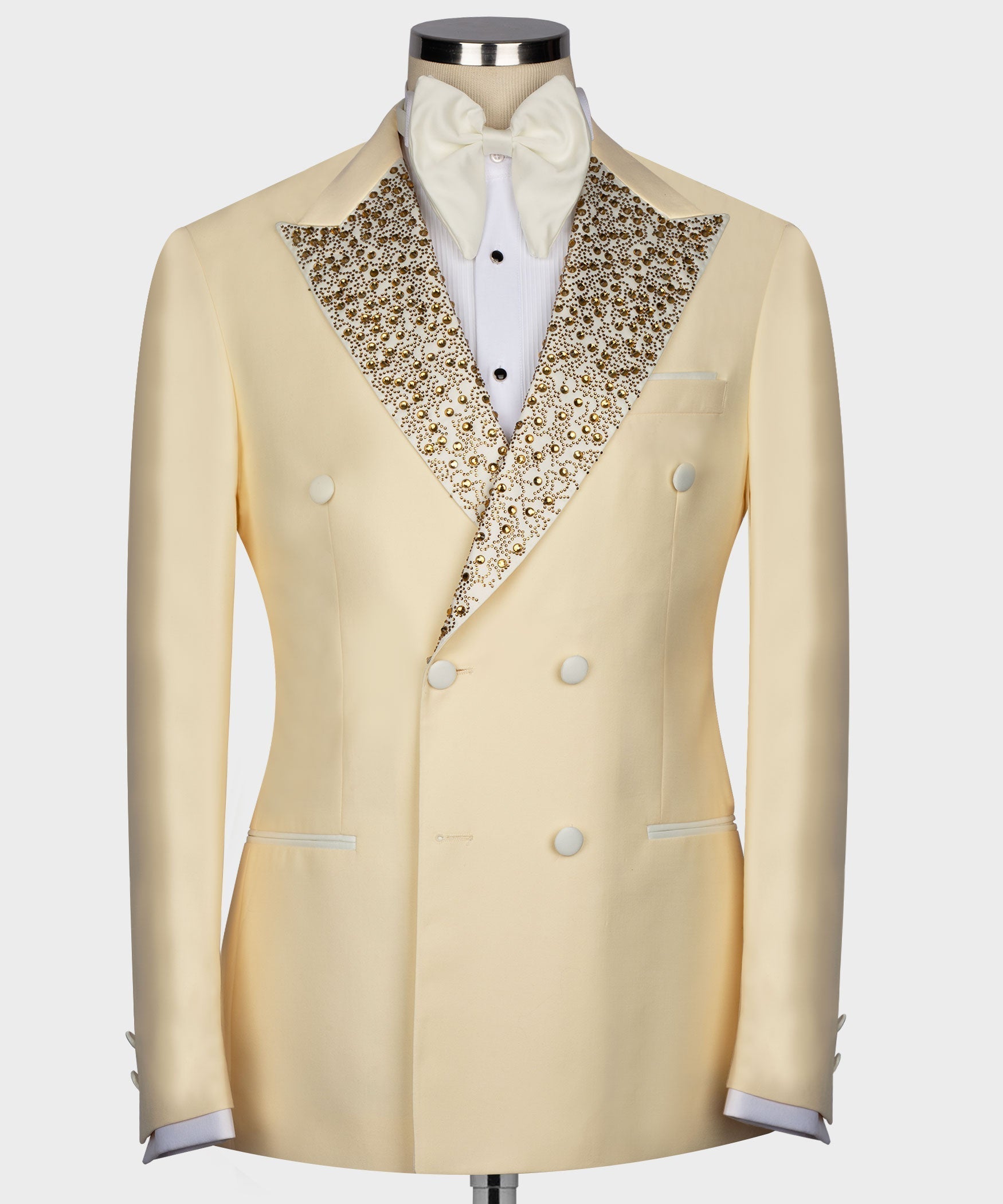 Light yellow tuxedo jacket with gold gemstone-embroidered satin lapels