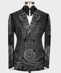 Black tuxedo jacket with silver beaded grid and medallion embroidery; satin bow tie
