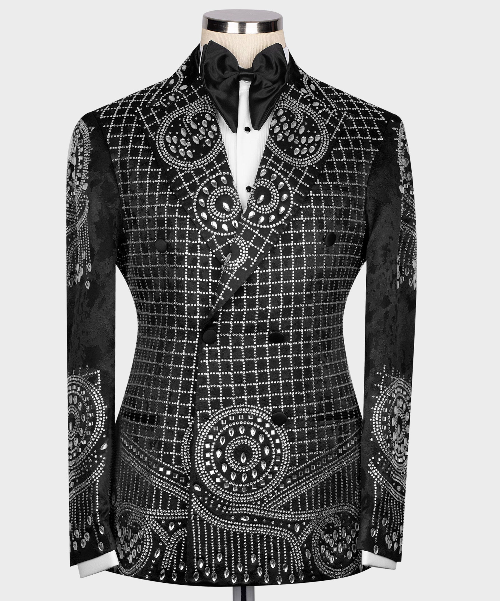 Black tuxedo jacket with silver beaded grid and medallion embroidery; satin bow tie