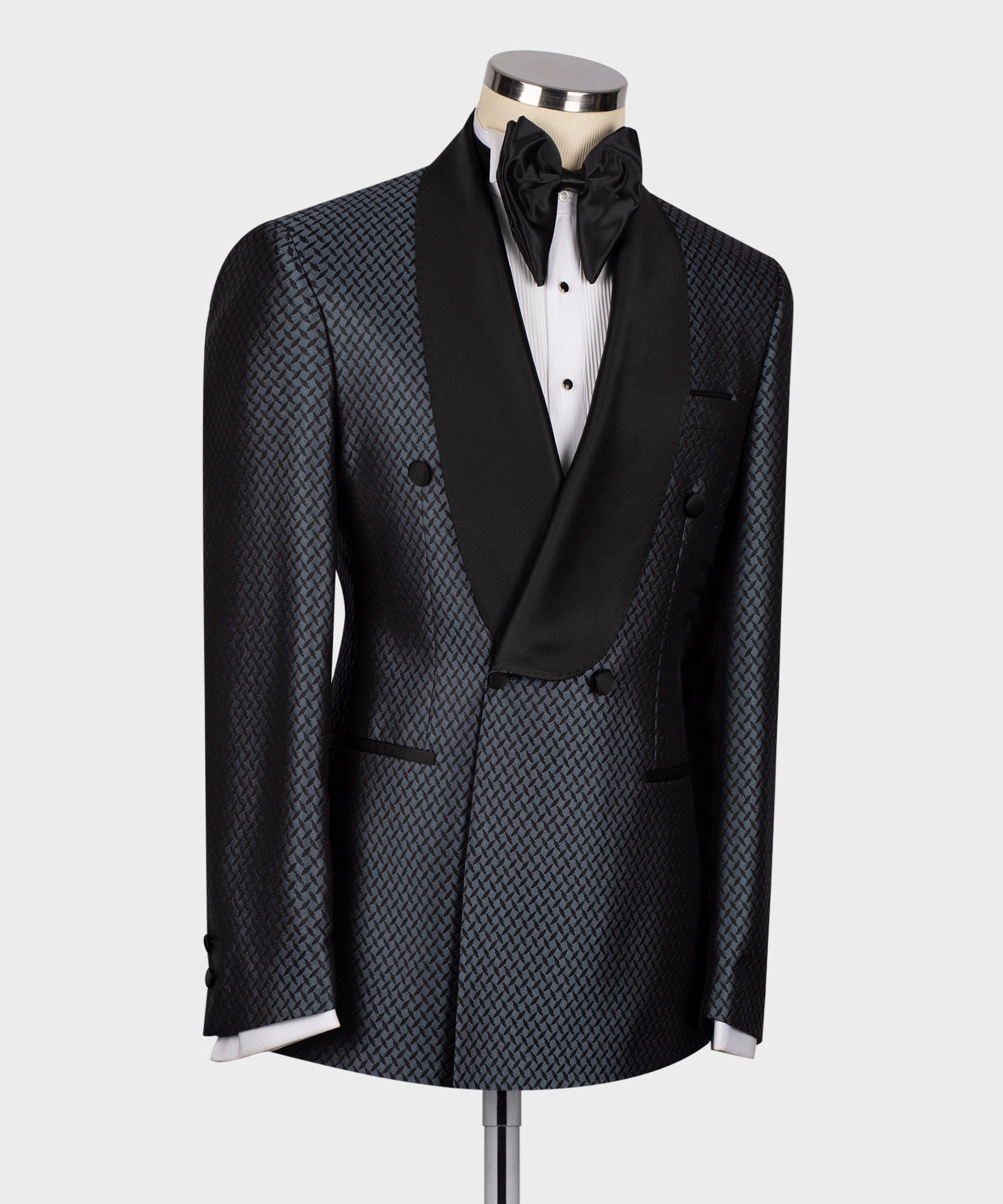 Black tuxedo jacket with blue geometric pattern; satin lapels, welt chest pocket