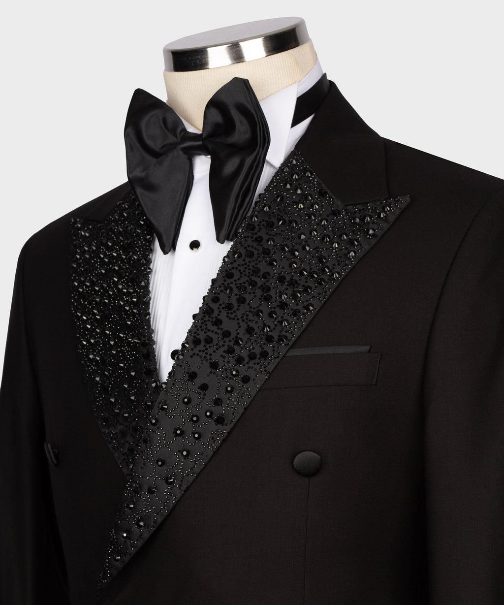Black tuxedo bow tie with gemstone-embroidered lapel and jacket pocket