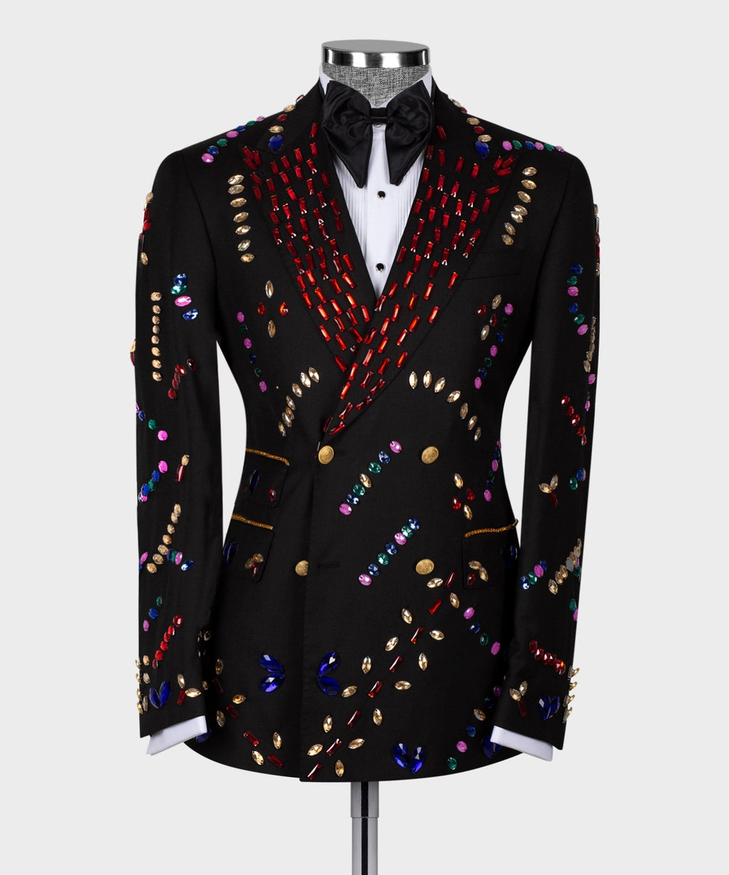 Black tuxedo jacket with crystal beaded panels, satin bow tie, and white shirt front