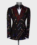 Black tuxedo jacket with crystal beaded panels, satin bow tie, and white shirt front