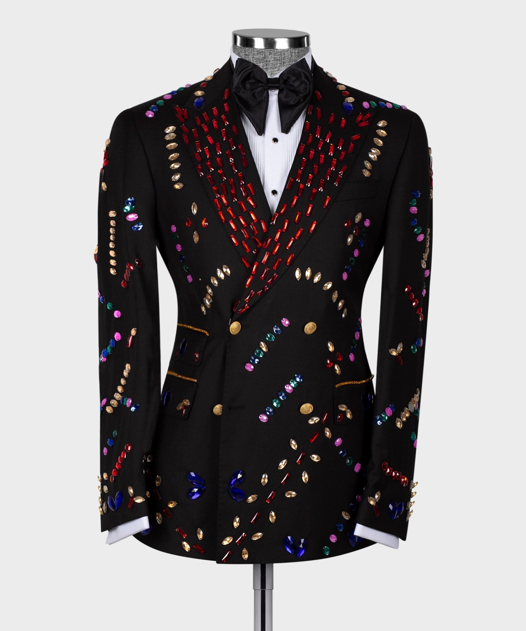 Black tuxedo jacket with crystal beaded panels, satin bow tie, and white shirt front