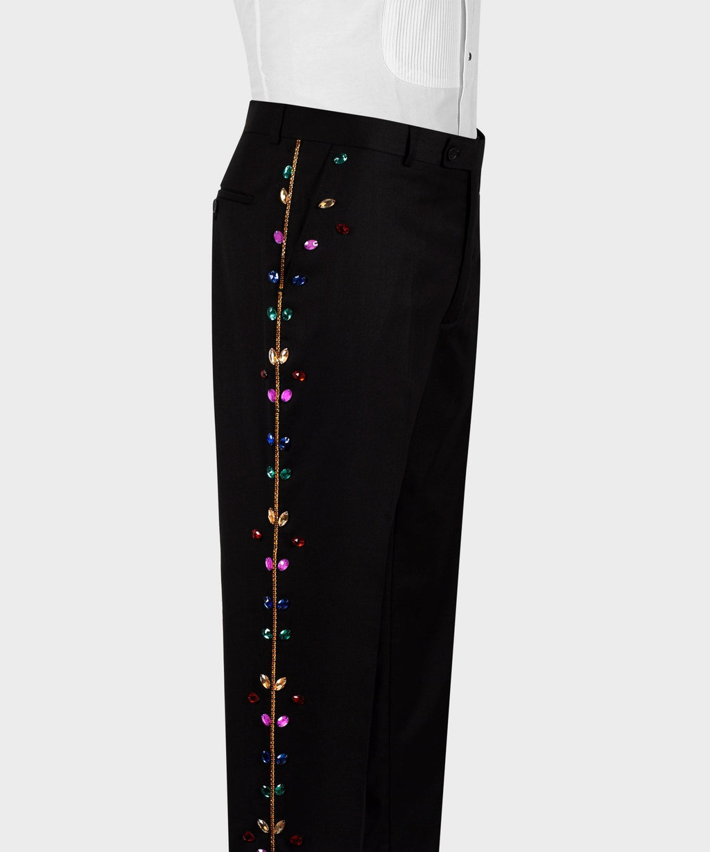 Black tuxedo pants with long multicolor crystal vine detail down one leg