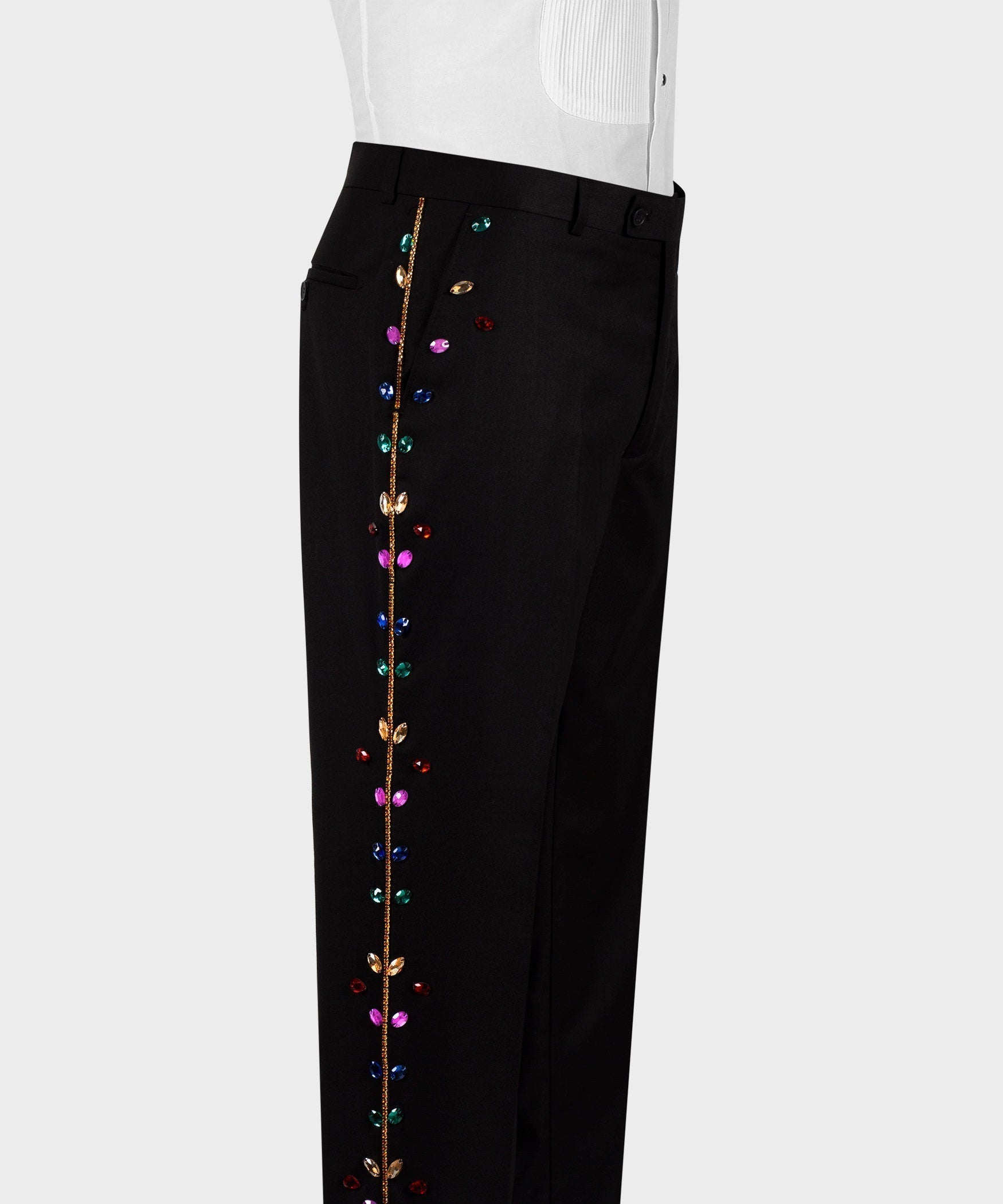 Black tuxedo pants with long multicolor crystal vine detail down one leg