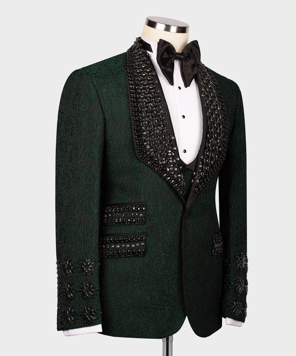 Green tuxedo jacket front view with jeweled black lapel trim and satin bow tie