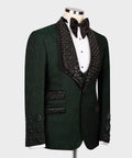 Green tuxedo jacket front view with jeweled black lapel trim and satin bow tie
