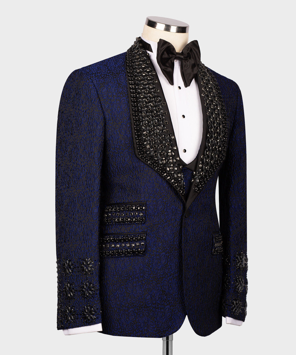Dark blue tuxedo jacket with black jeweled trim on lapel and welt pockets