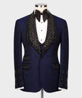 Gemstone-embellished tuxedo jacket in dark blue with black crystal lapel