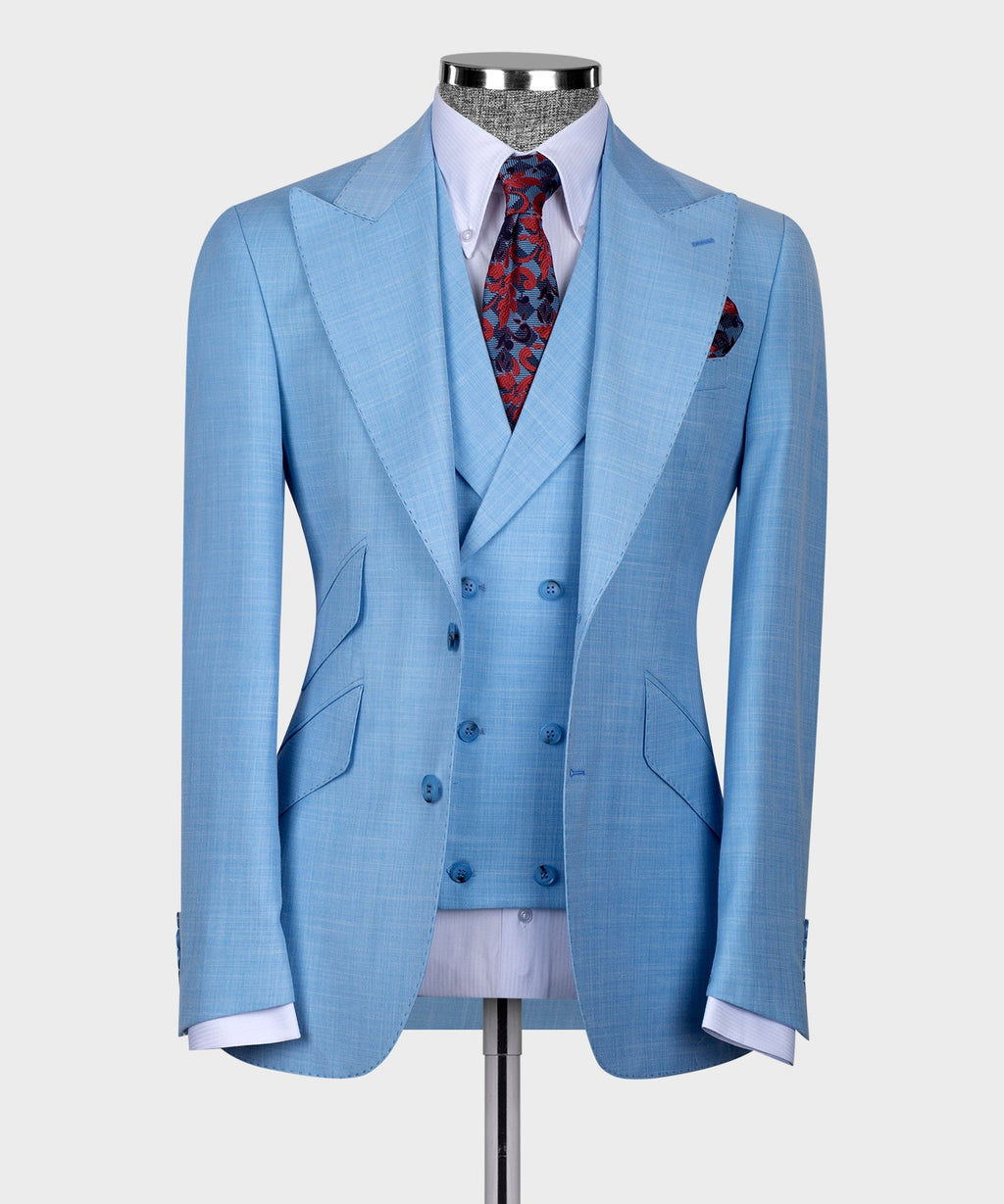 Light blue 3-piece vest suit set with notch lapel jacket, matching vest, red patterned tie