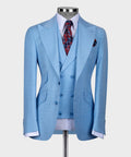 Light blue 3-piece vest suit set with notch lapel jacket, matching vest, red patterned tie