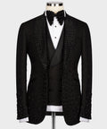 Black tuxedo suit jacket with buttoned vest front and sparkling embellished trim