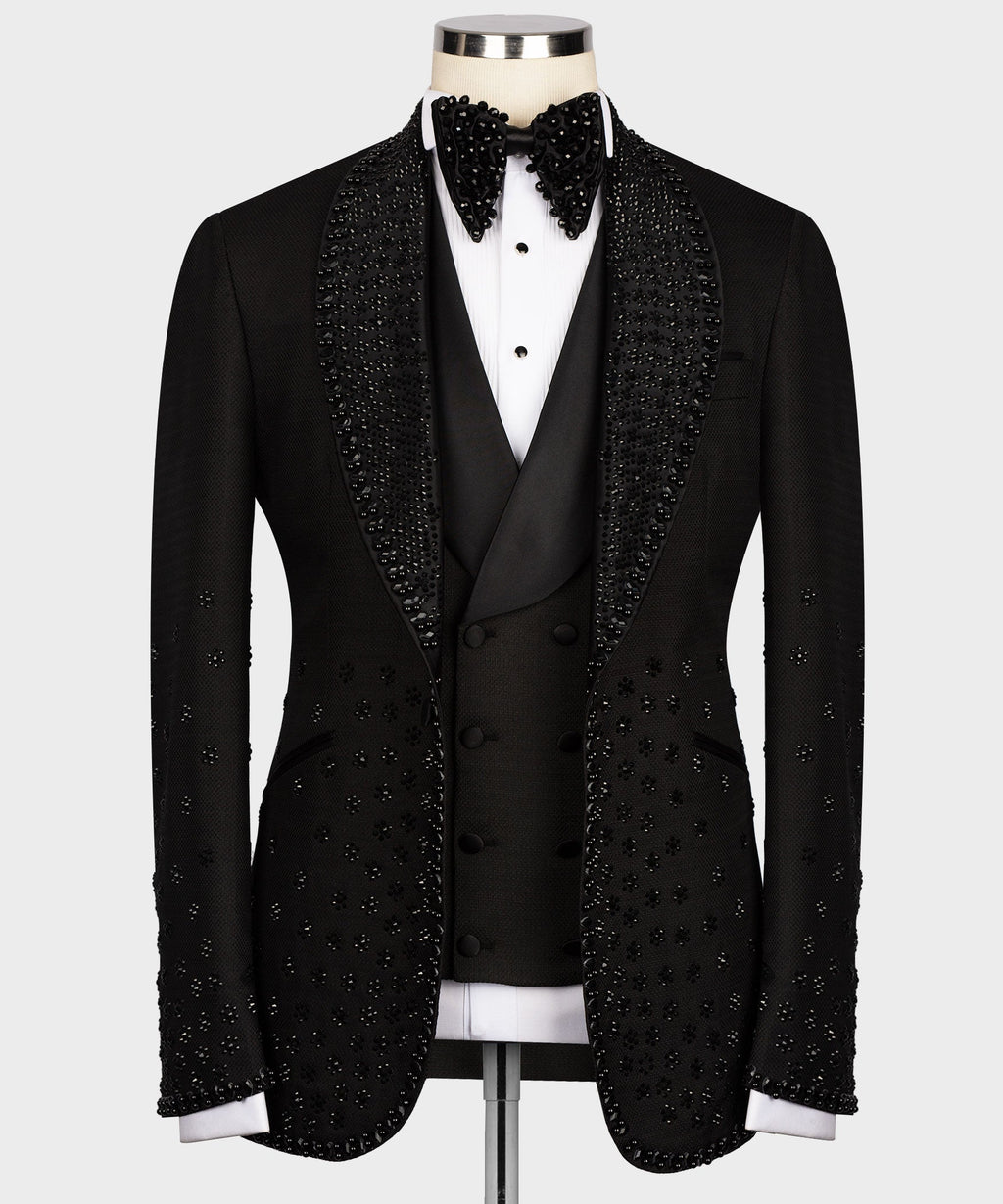 Black tuxedo jacket and vest set with jeweled sequin pattern and black satin lapels