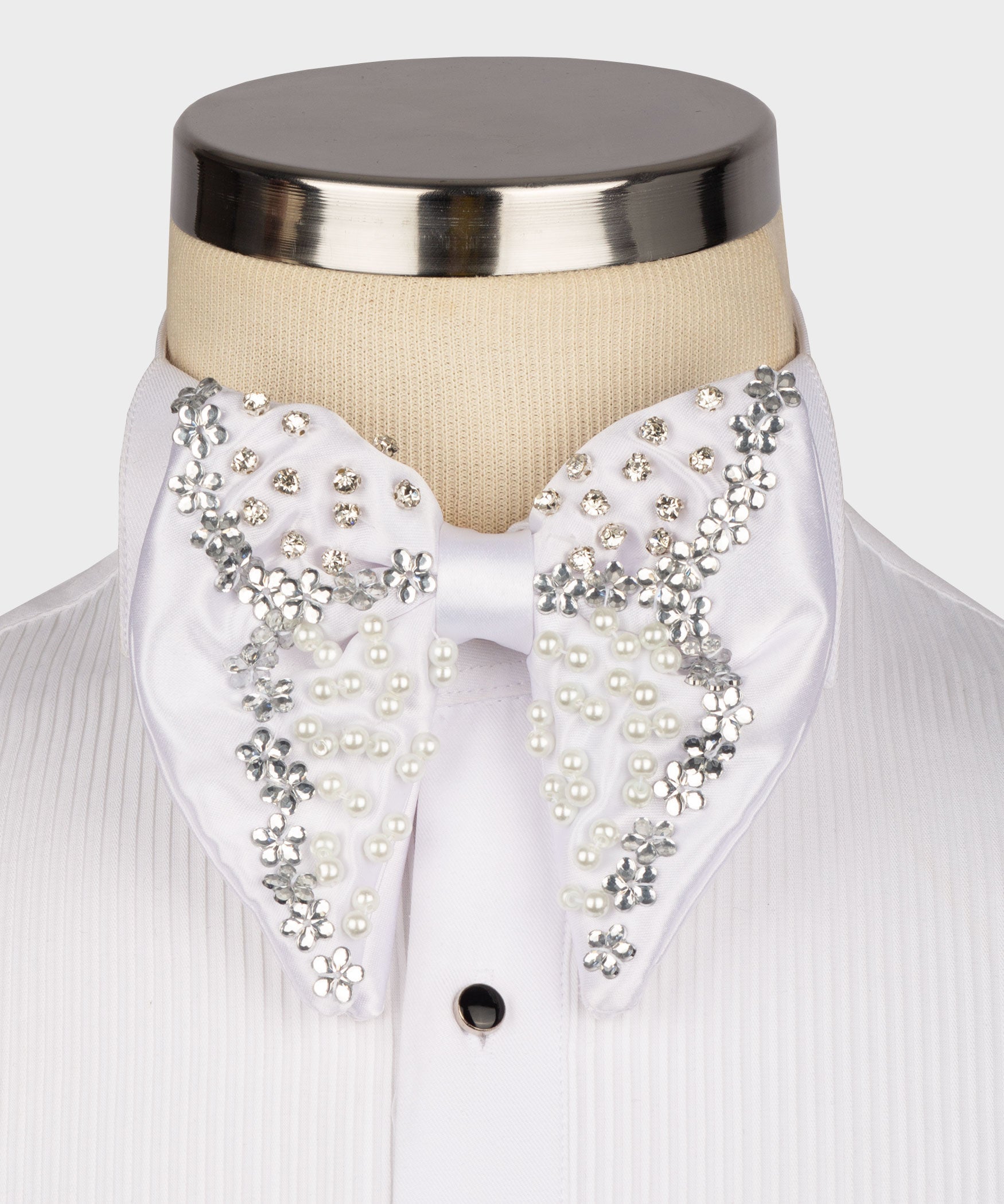 Silver & white beaded bow tie with pearl accents, ornate floral detailing