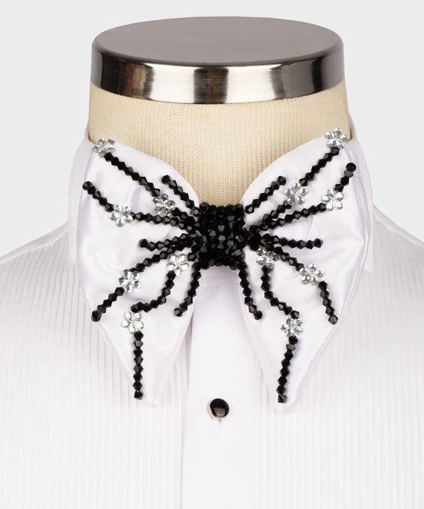 Koss Atelier white silk bow tie featuring intricate black beadwork and silver floral embellishments on a dress shirt.