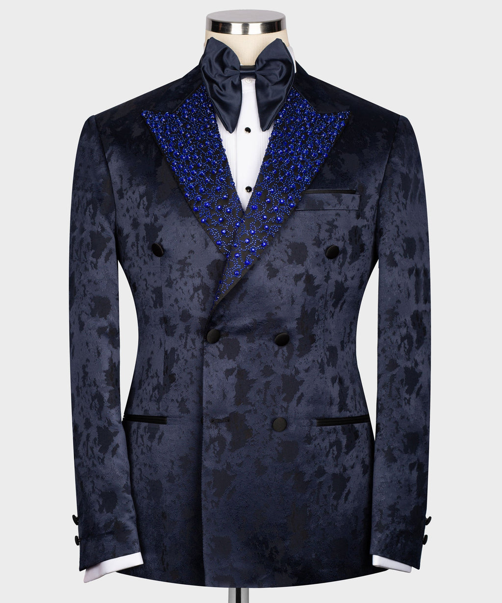 Navy double-breasted tuxedo jacket with blue sequin lapel and satin bow tie